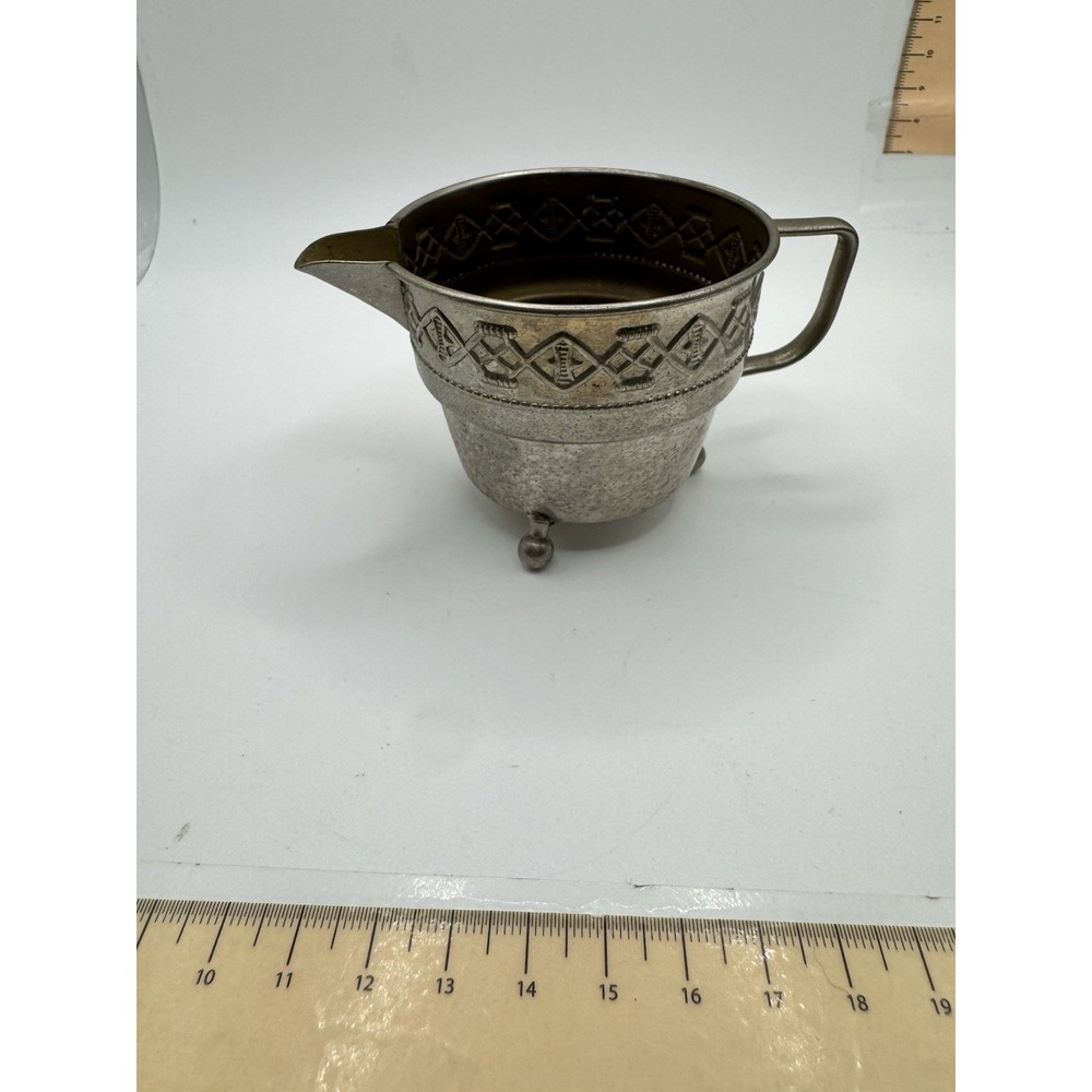 Vintage Silver Tone Footed Creamer Pitcher Embossed Geometric Design Ball Feet